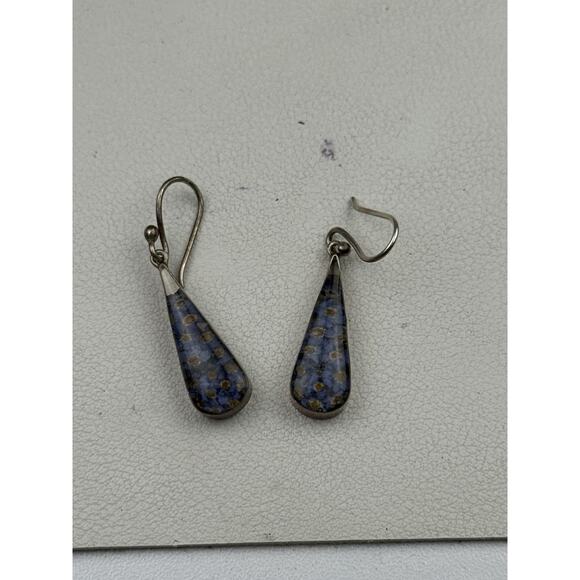 ATI Sterling Silver Pierced Hook Earrings Resin Blue Flowers - Picture 3 of 11